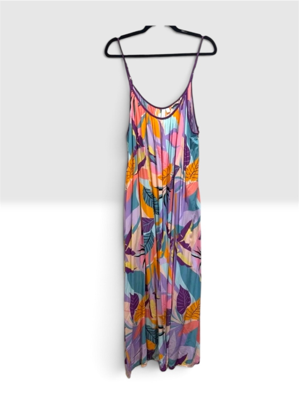 Colorful Tropical Leaf Maxi Slip Dress w pockets